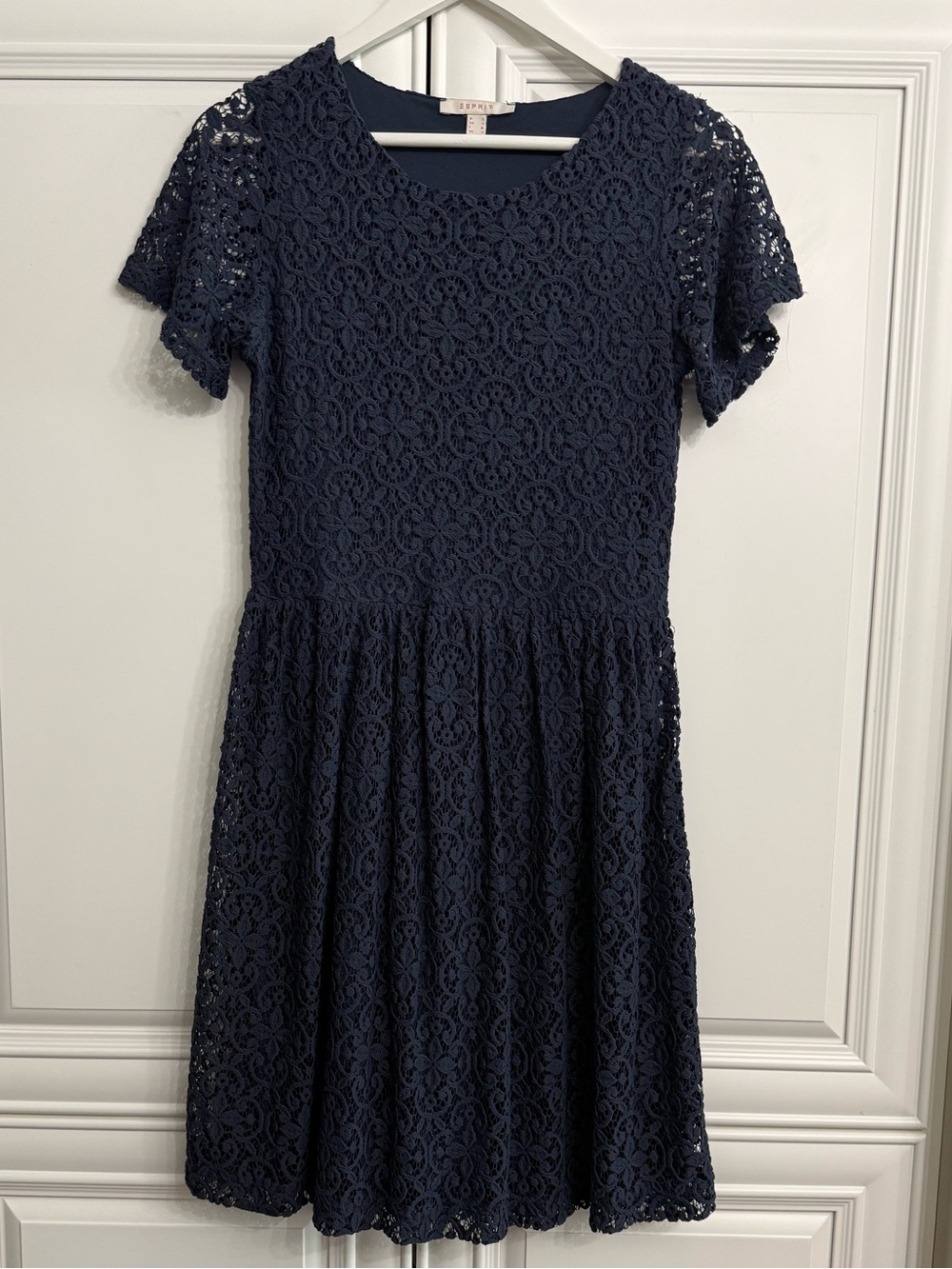 Esprit Size Small Navy Lace Short-Sleeve Fit & Flare Midi Dress Cocktail Party